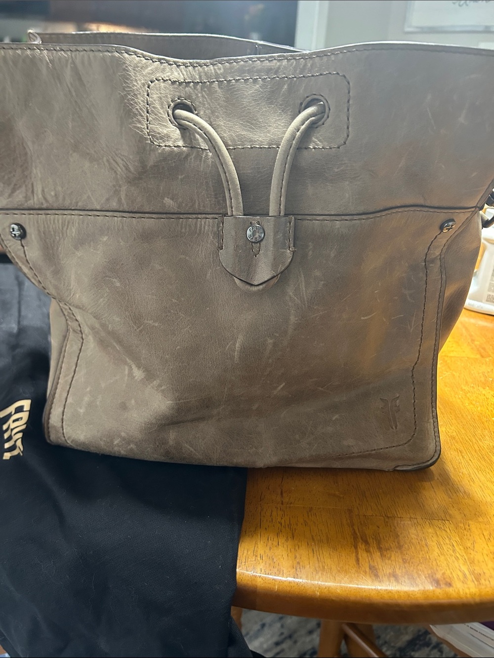 Frye Taupe Brown Leather Drawstring Satchel